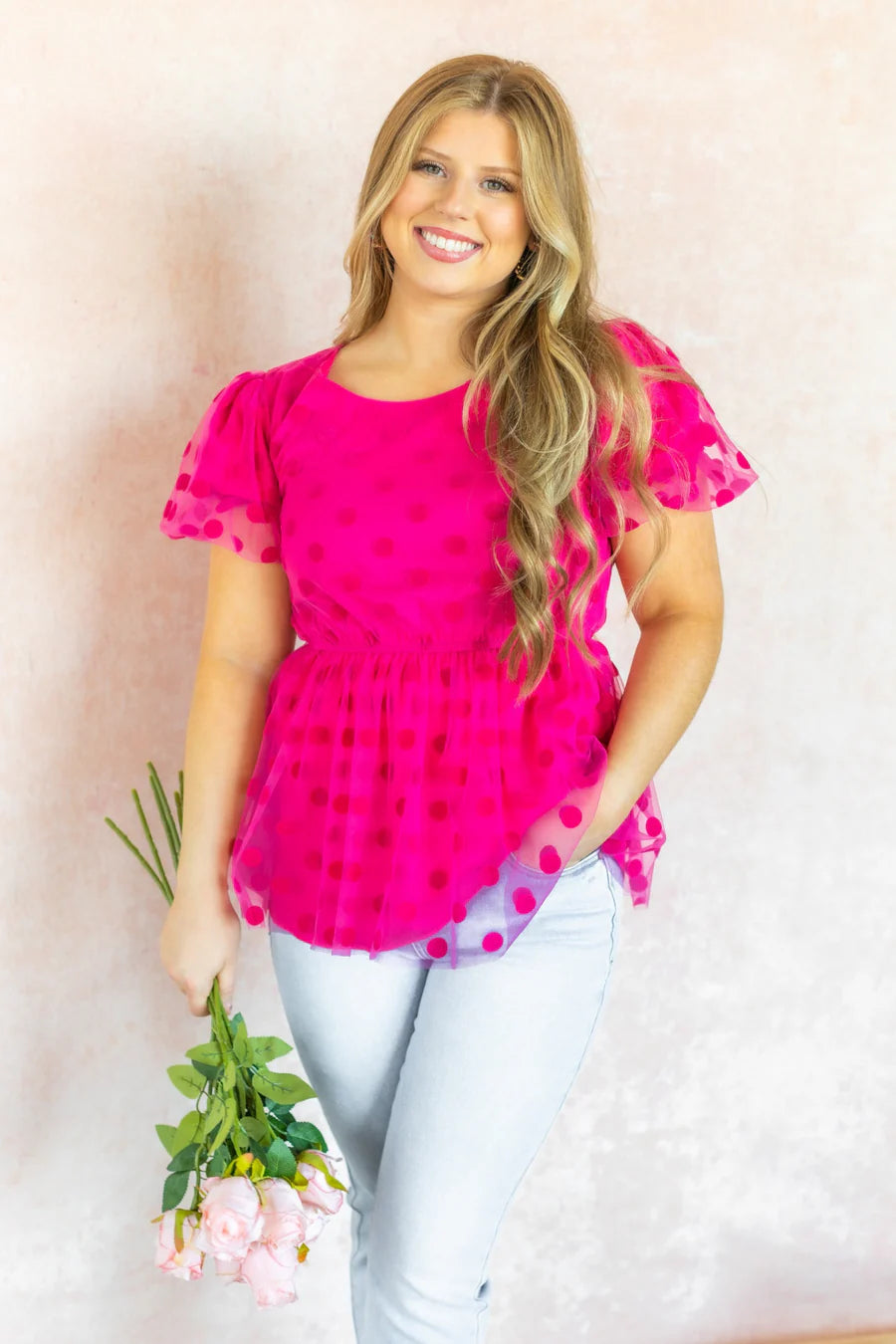Polka Dot Mesh Peplum Top