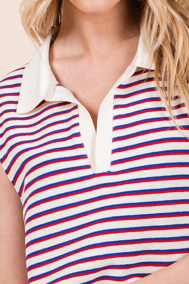 Striped Sleeveless Polo Top