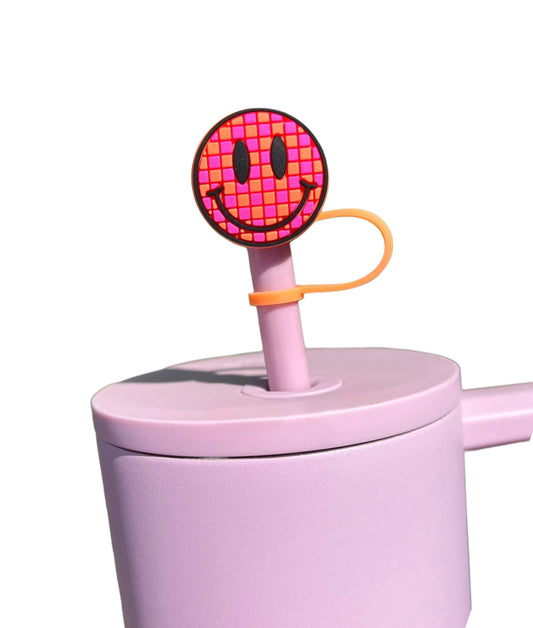 Pink Checkered Smiley Face Straw Topper