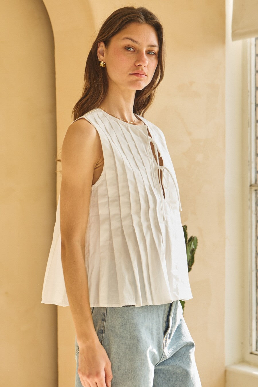 Poplin Pleated Sleeveless Top
