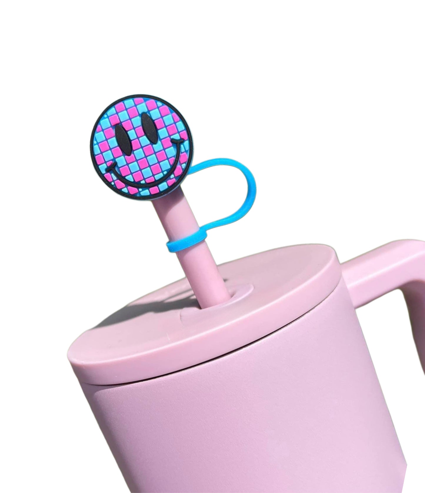 Blue Checkered Smiley Face Straw Topper
