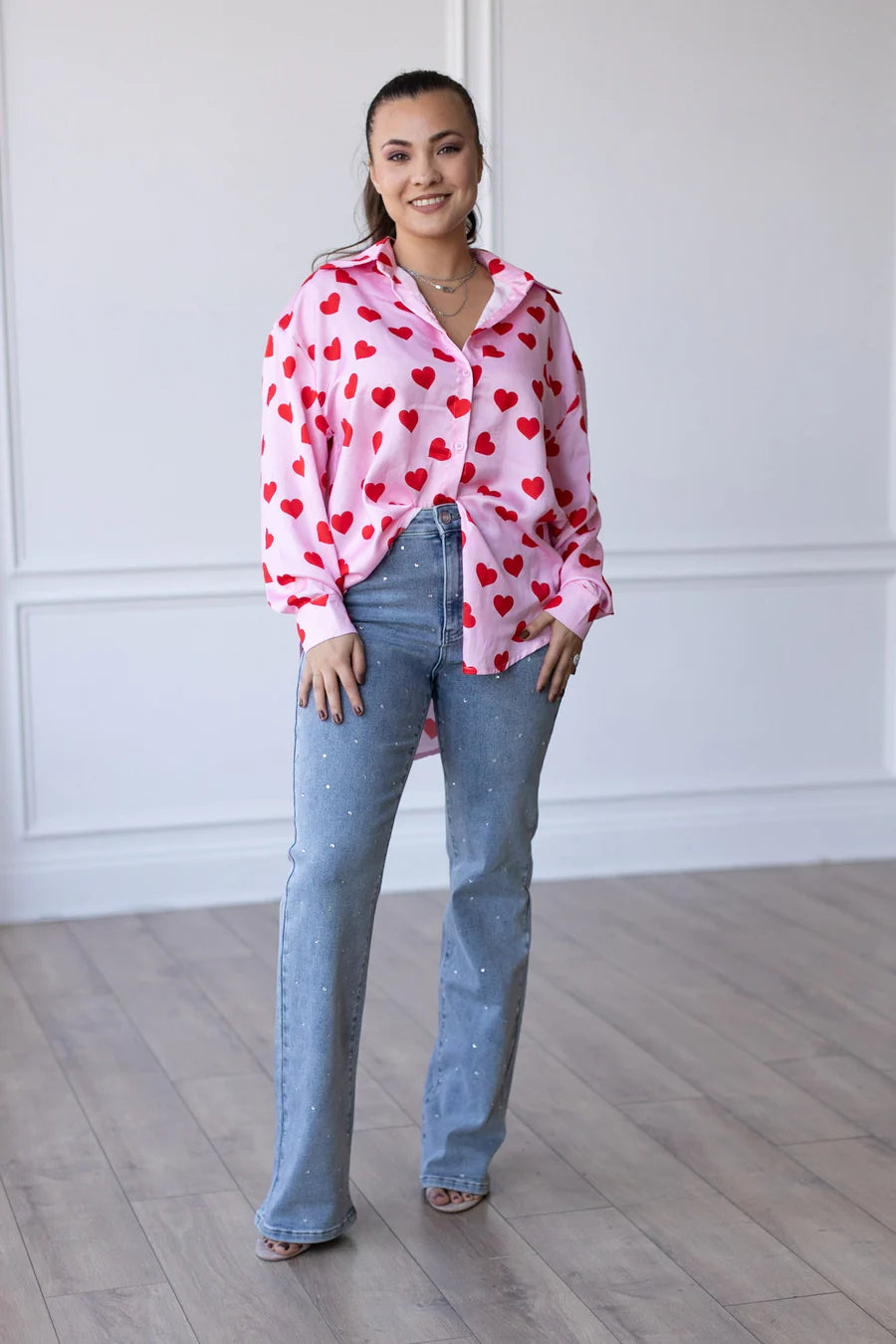 Kathryn Red Hearts Button Up