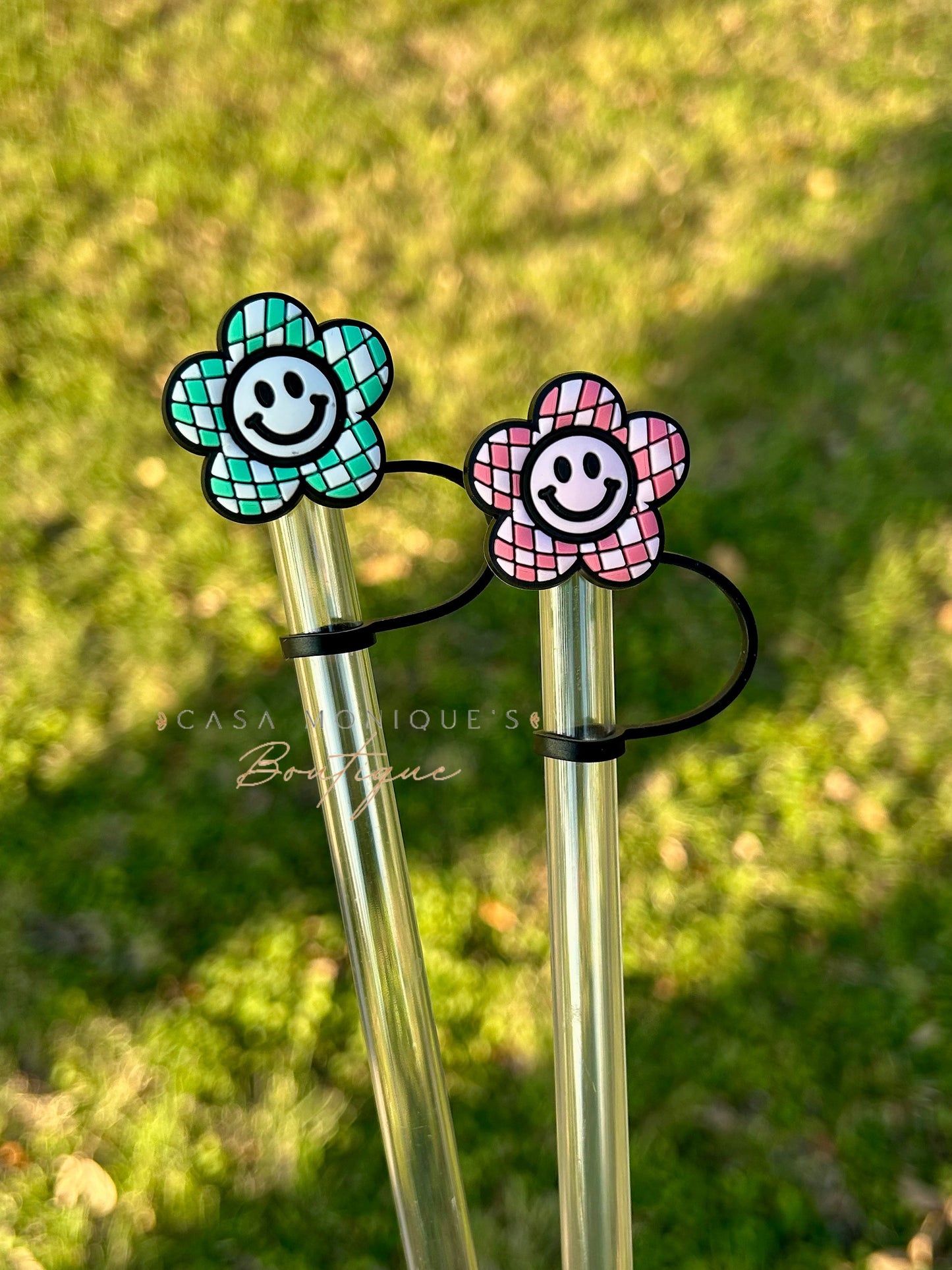 Checkered Happy Face Daisy Straw Topper