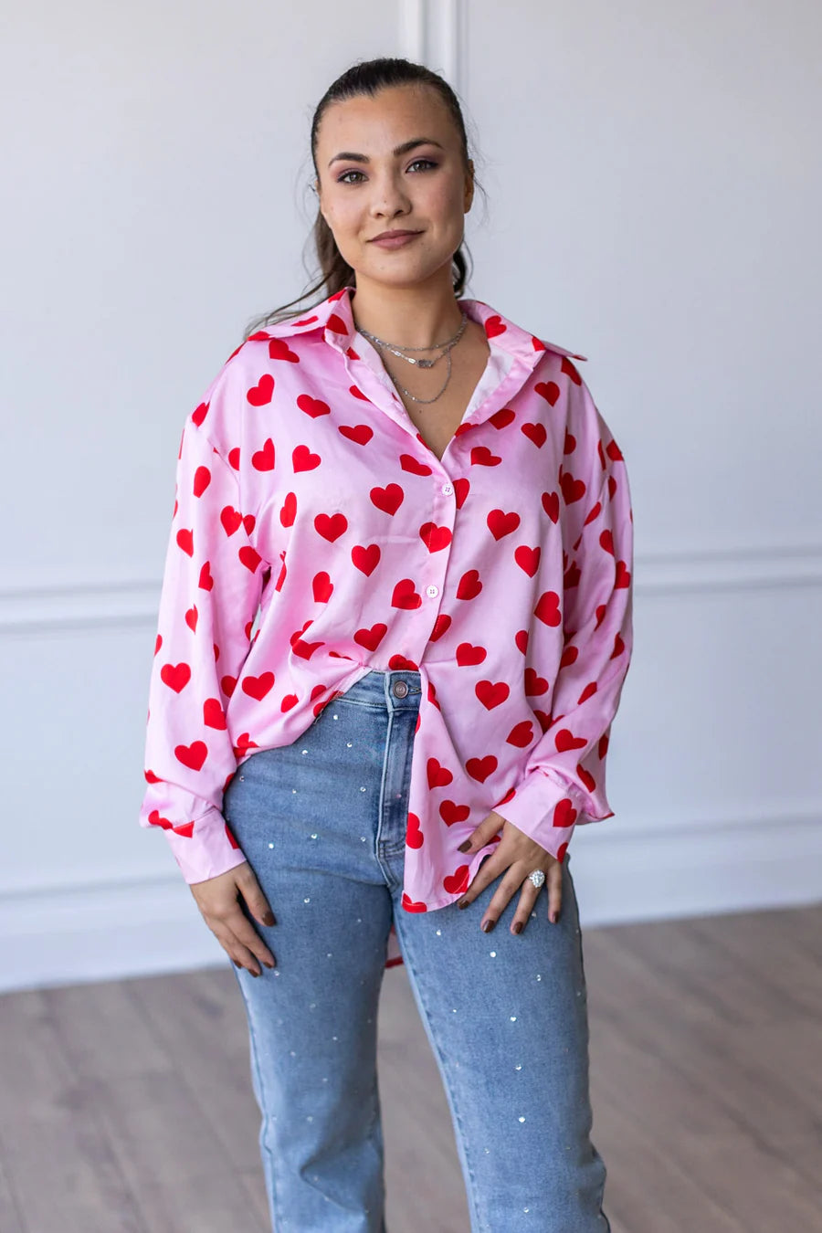 Kathryn Red Hearts Button Up