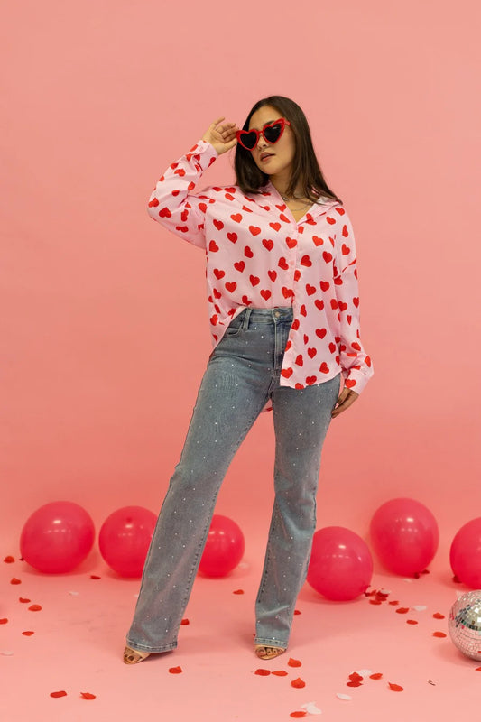 Kathryn Red Hearts Button Up