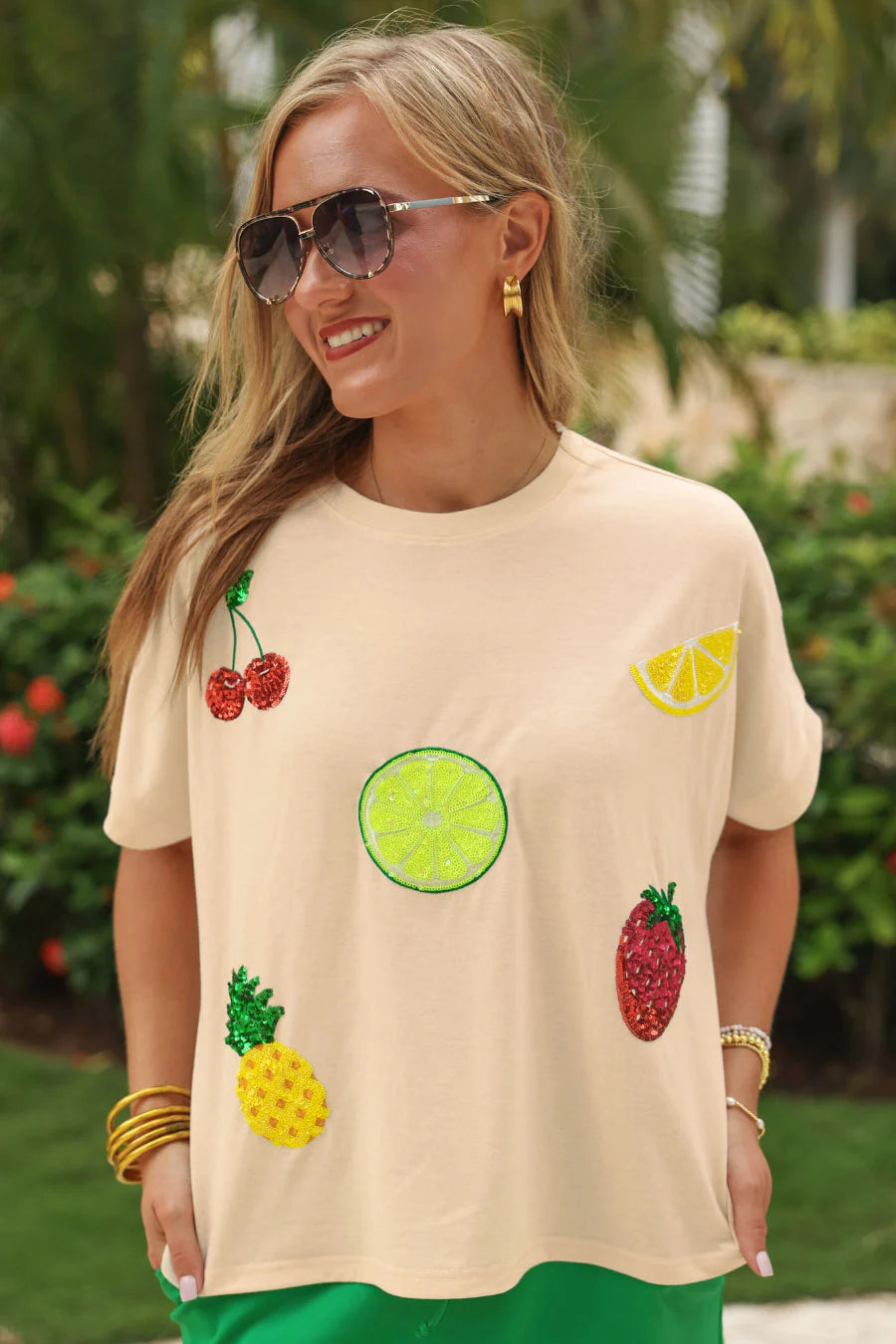 Tropical Fruit Sequin Patch Top