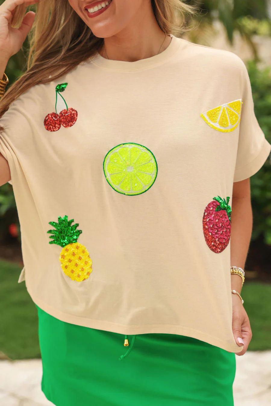 Tropical Fruit Sequin Patch Top