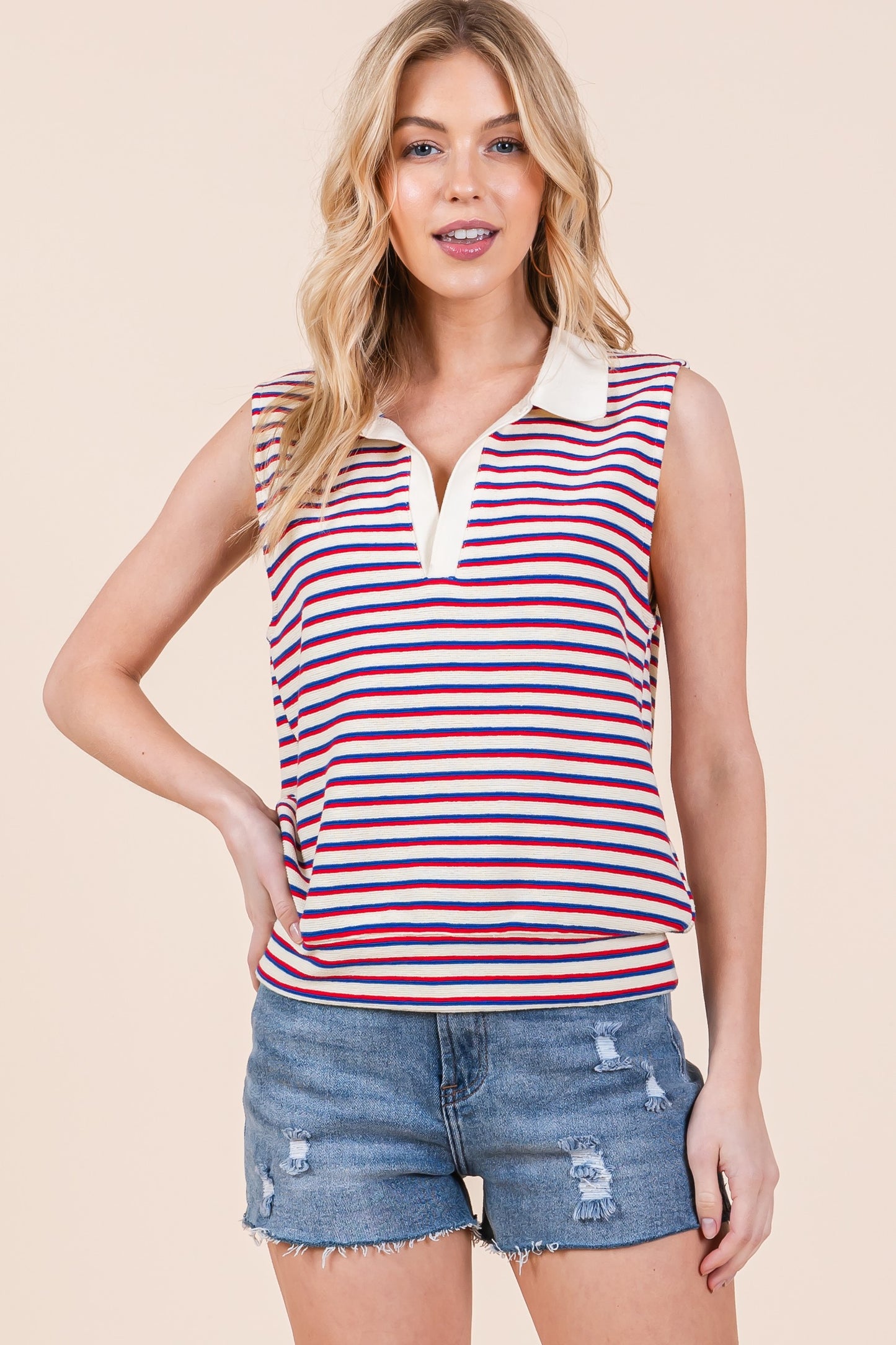 Striped Sleeveless Polo Top